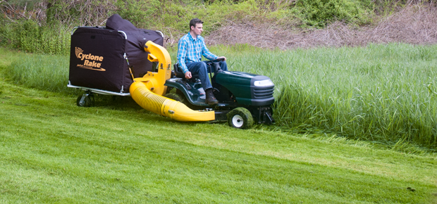 Easily clear overgrown fields with the Cyclone Rake grass collection system. It holds more than a grass bagger.