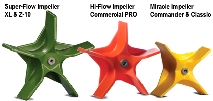 All 4 types of miracle impellers used. Green 5-blade, orange five-blade and yellow four-blade.