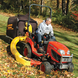 This commercial leaf removal equipment is shown with a Kubota-BX-Series on an XL. It's built tough for commercial lawn vacuum use and can also be used a a professional leaf vacuum.