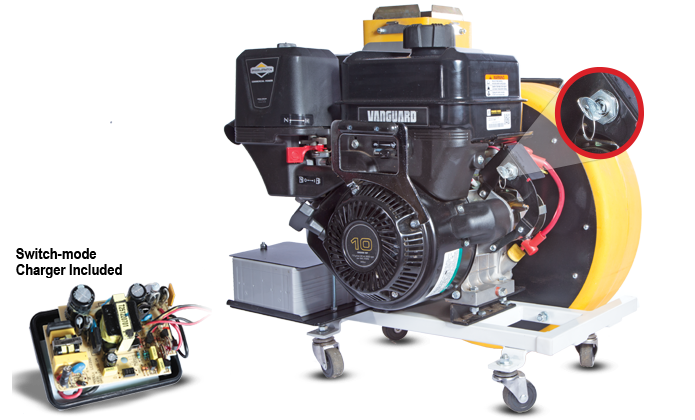 The 10HP Electric start engine upgrade and the inside of the switch-mode charger next to it.