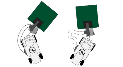 Diagram of a single-pin CRS Cyclone Rake articulating around a corner