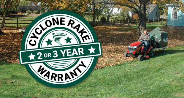 man riding his mower with a Cyclone Rake leaf machine and the warranty badge in front.