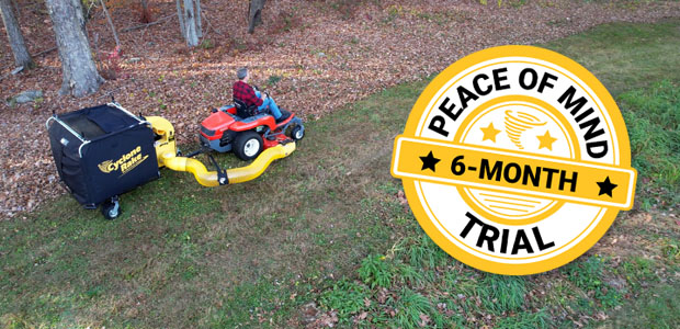 Man towing a Cyclone Rake CRS in Fall with the 6-month trial badge overlaying the photo.