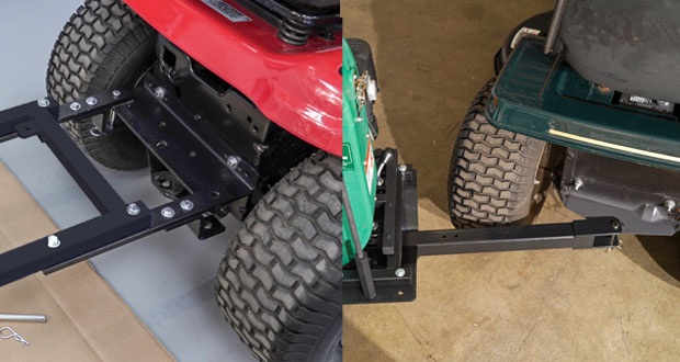 closeup of the dual-Pin Hitch and the Single-Pin Hitch options for a Cyclone Rake connection to your mower
