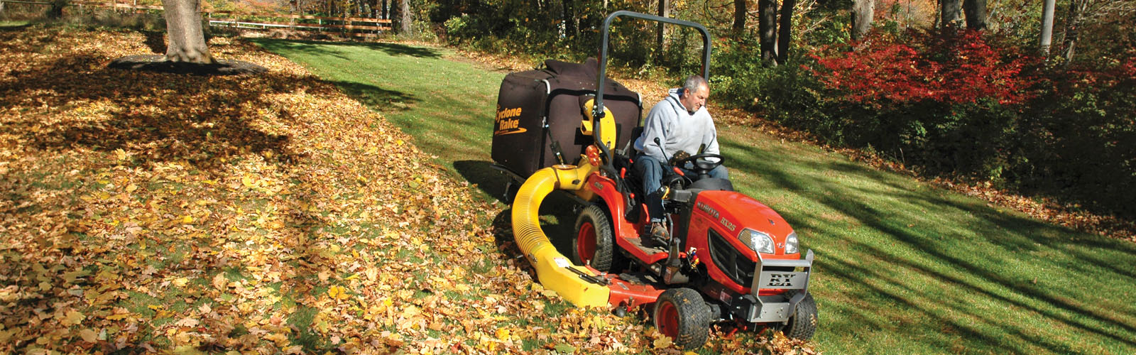 man struggling with a leaf blower and then happy to be using a Cyclone Rake