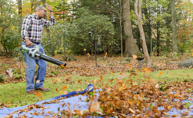 man frustrated with leaf blower