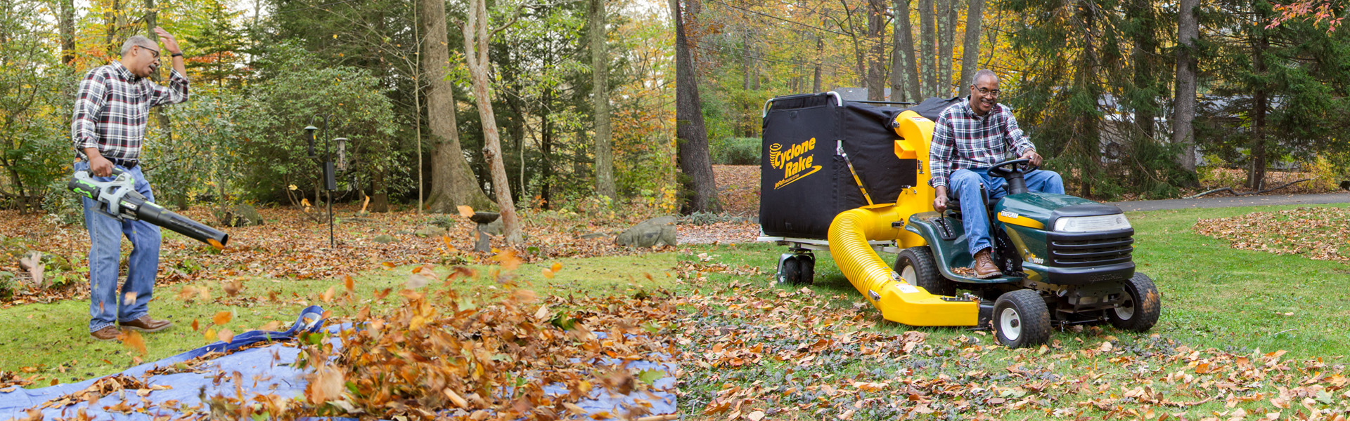 man struggling with a leaf blower and then happy to be using a Cyclone Rake